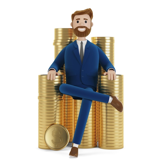 A cartoon character sits on a stack of money 3D illustration