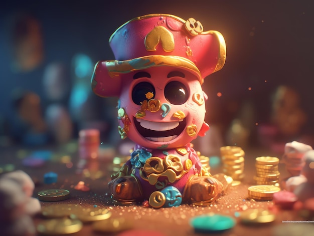 A cartoon character sits on a table with gold coins on it.