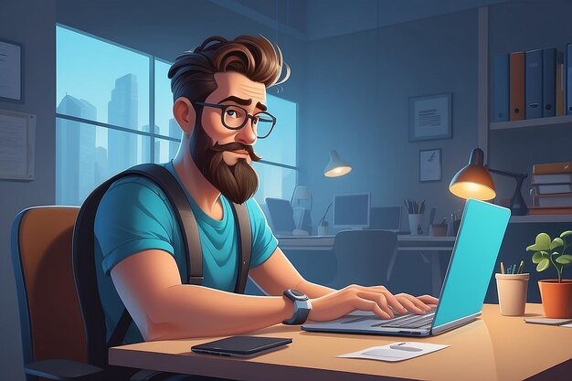 cartoon character sits at the table with a laptop coder designer or office worker