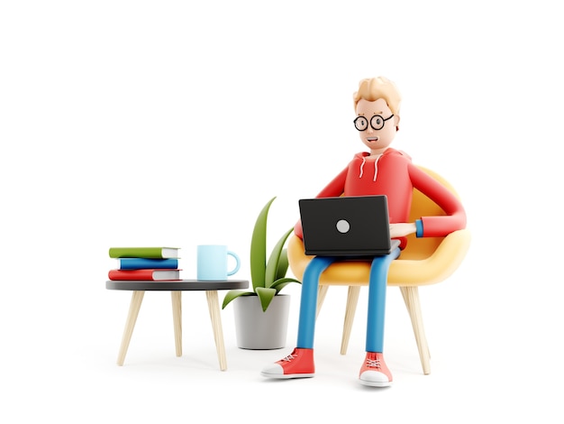 Cartoon character sits with a laptop, Coder, designer or office worker