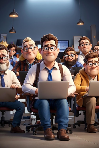 Cartoon character sits with a laptops coder designer or office worker boss and manager