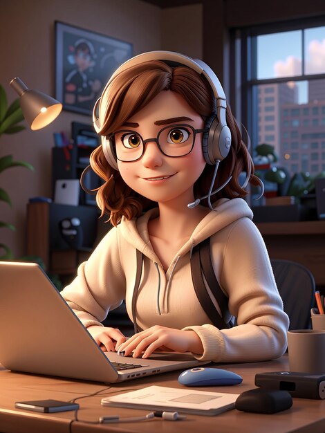 a cartoon character sitting at a desk with a laptop a computer rendering trending on cg society