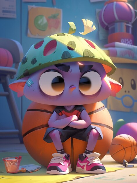 Фото Персонаж мультфильма сидит на баскетбольном мяче с шляпой на генеративном аи