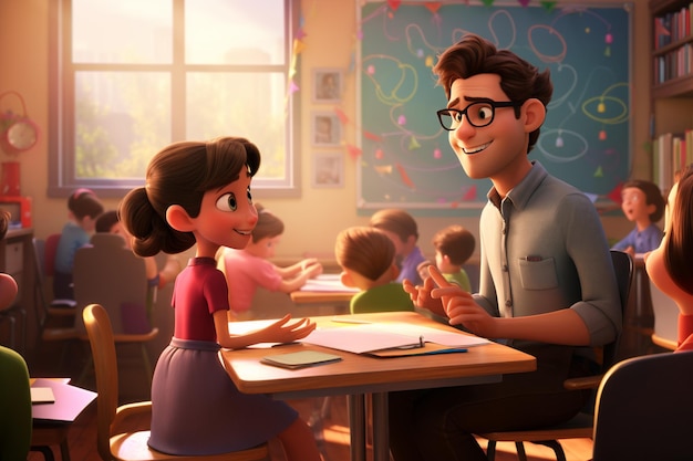 cartoon character sitting at a table with a teacher in a classroom generative ai