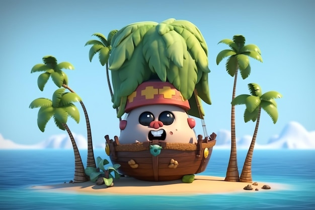 A cartoon character on a small island with a boat and palm trees in the background.