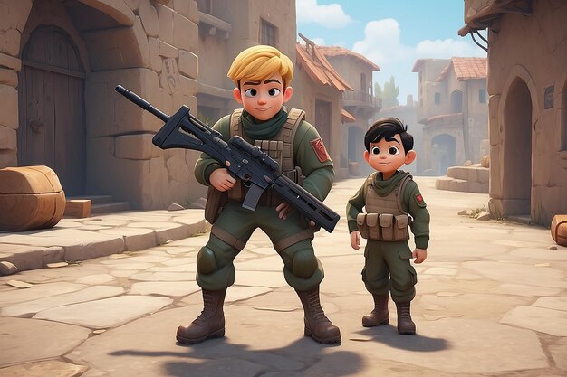 Photo cartoon character of soldier boy for videogame