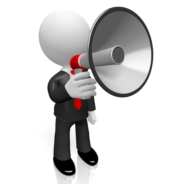 Cartoon character speaks with a a megaphone 3D illustration