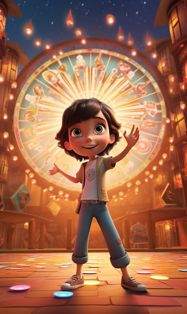 Photo a cartoon character standing in front of a large clock in a building generative ai