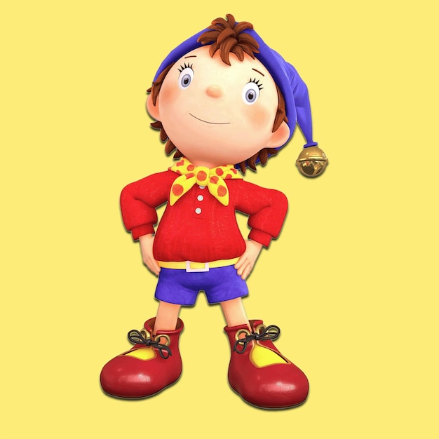 cartoon character standing with cap and yellow background