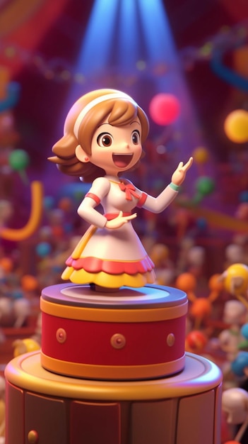 A cartoon character stands on a drum with a woman in a dress that says hello kitty on it.