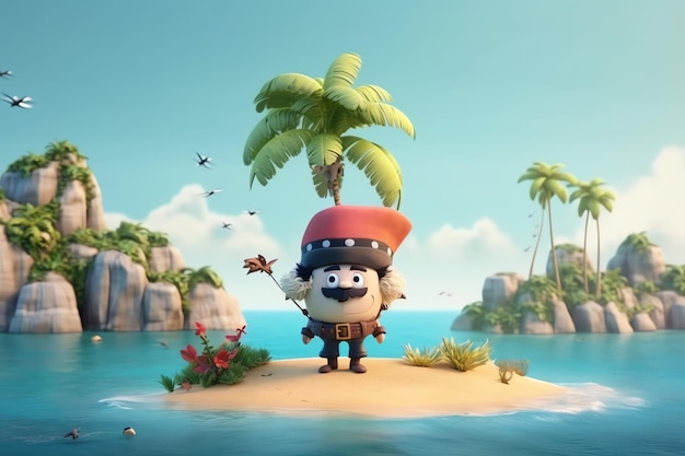 A cartoon character stands on an island with palm trees in the background.