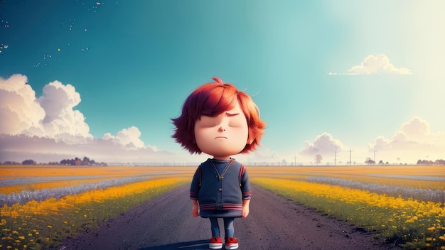 A cartoon character stands on a road with a blue sky in the background.