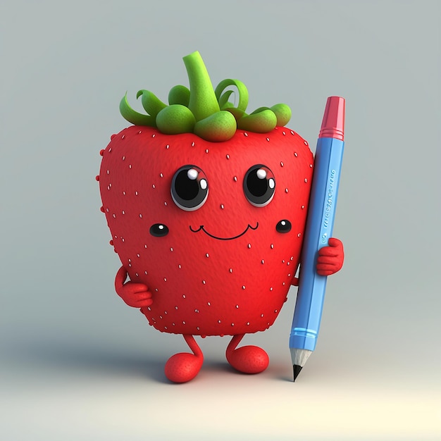 Cartoon character strawberry with a pencil generative ai