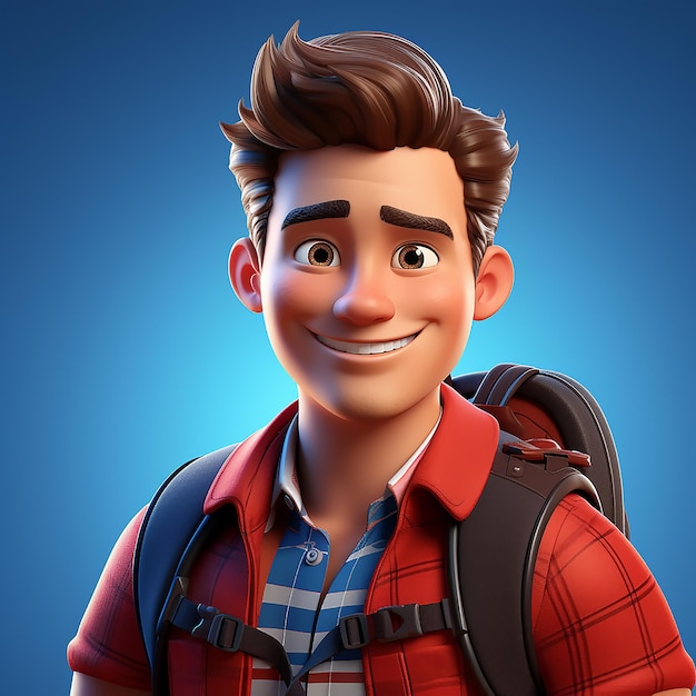 cartoon character student man in red plaid shirt with backpack 3d render illustration