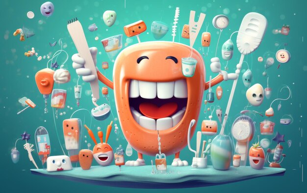 Photo cartoon character surrounded by toothbrushes and toothpaste