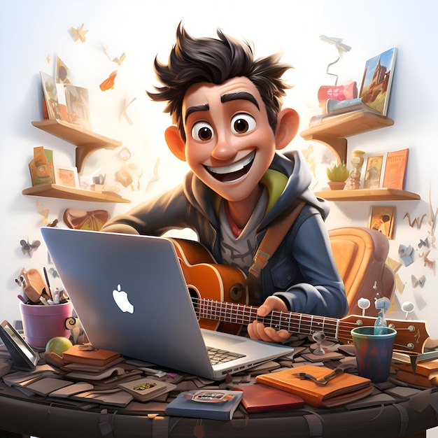 Photo cartoon character of a teenager with a guitar and a laptop computer