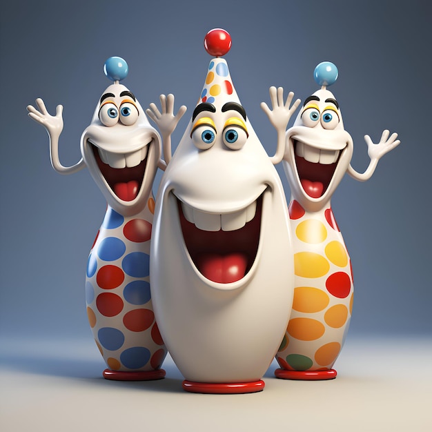 Foto personaggio di cartone animato di tre uova di pasqua con espressione divertente su sfondo grigio