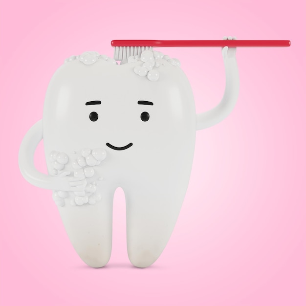 Cartoon character of a tooth with a toothbrush. The concept of dental examination of teeth, dental health and hygiene. 3D illustration.