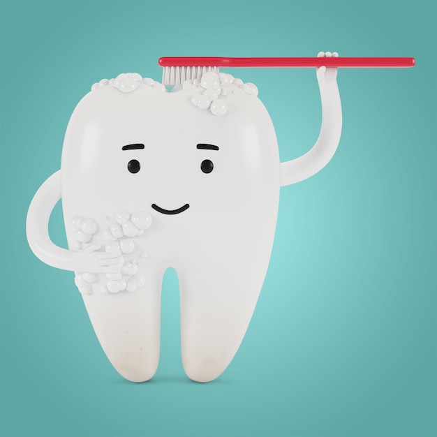 Cartoon character of a tooth with a toothbrush. The concept of dental examination of teeth, dental health and hygiene. 3D illustration.