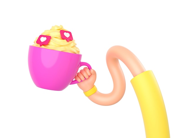 Мультипликационный персонаж скрученными упругими руками держит розовую чашку с красной булавкой, 3D визуализация