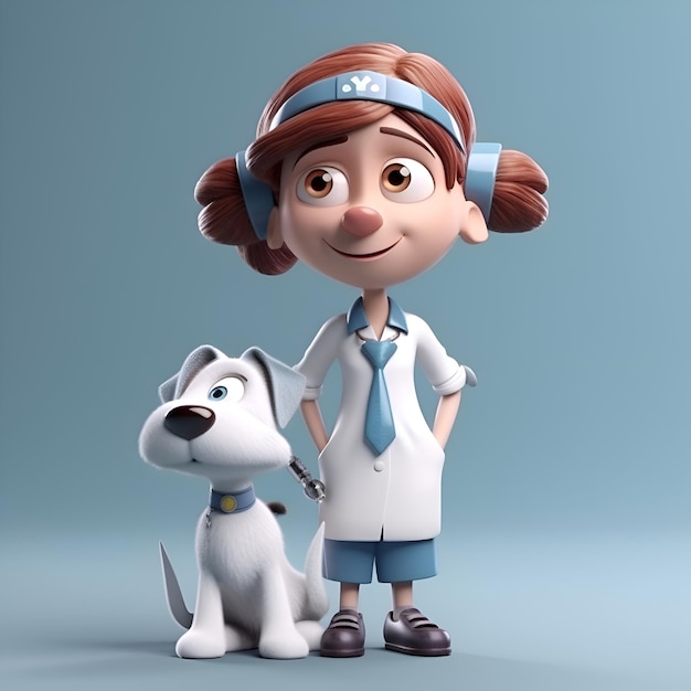 Cartoon character of a vet with a dog on a blue background