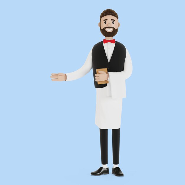 Cartoon character waiter invites. 3D illustration.