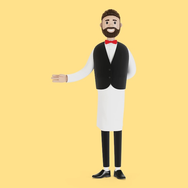 Cartoon character waiter invites. 3D illustration.