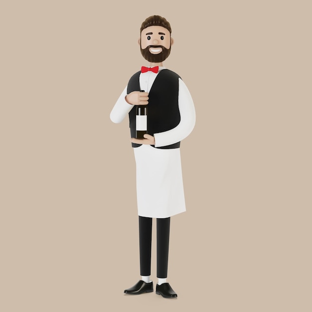 Мультяшный персонаж официанта с бутылкой вина. 3D иллюстрация.