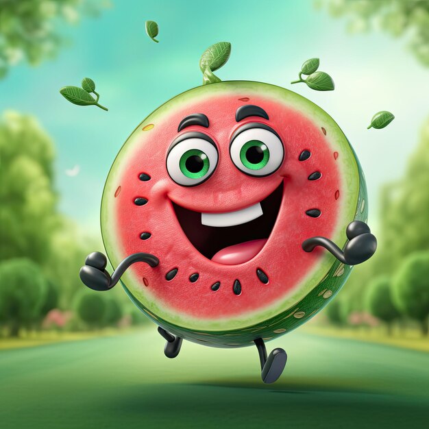 cartoon character Watermelon on green natural background 3d illustration