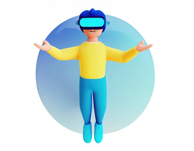 Foto personaggio di cartone animato che indossa occhiali vr, auricolare, corpo che galleggia nel cyberspace, concetto di immersione e metaverso generato dall'ai