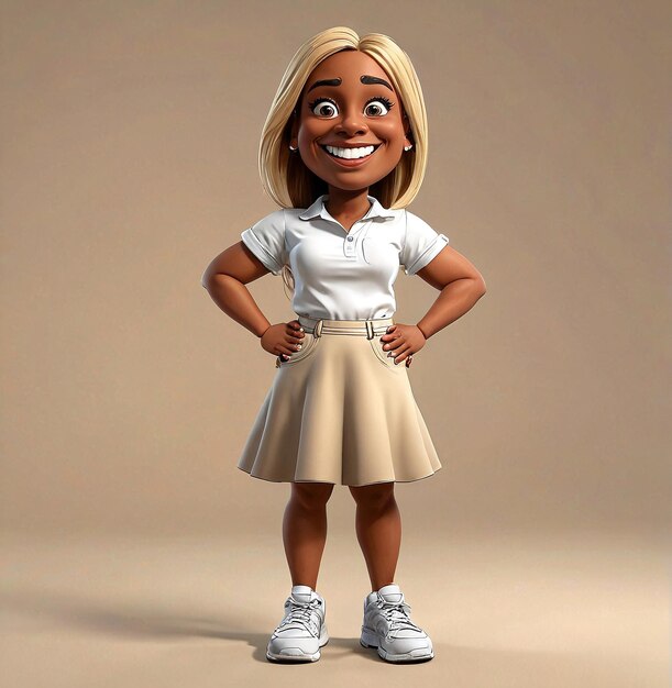 a cartoon character in a white shirt and beige skirt