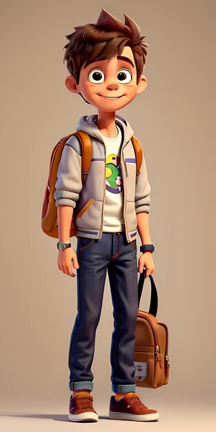 a cartoon character with a backpack and a bag