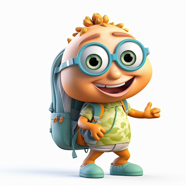 Мультяшный персонаж с рюкзаком и очками, на которых написано "pixar".