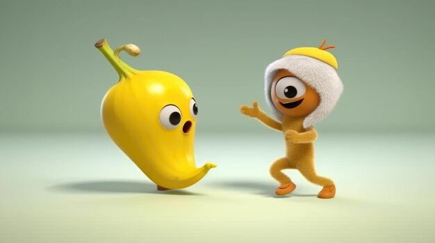 A cartoon character with a banana on his head and a banana on the right.