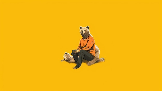 A cartoon character with a bear sitting on a yellow