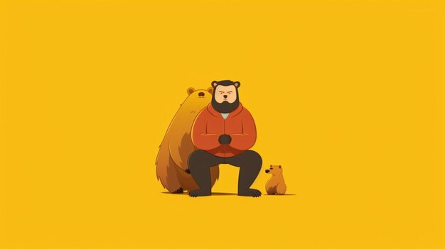 A cartoon character with a bear sitting on a yellow