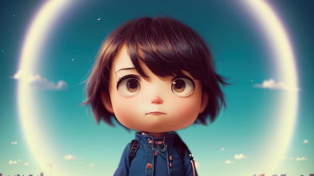 A cartoon character with big eyes and a blue sky background