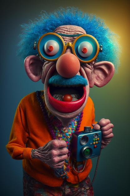 A cartoon character with big eyes and a camera in his hands.