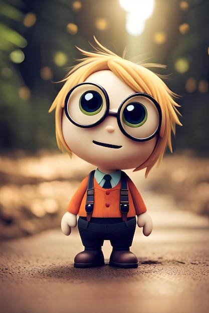 A cartoon character with big eyes and a red shirt with a tie and glasses.