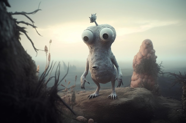 A cartoon character with big eyes stands on a rock with a cloudy sky in the background.