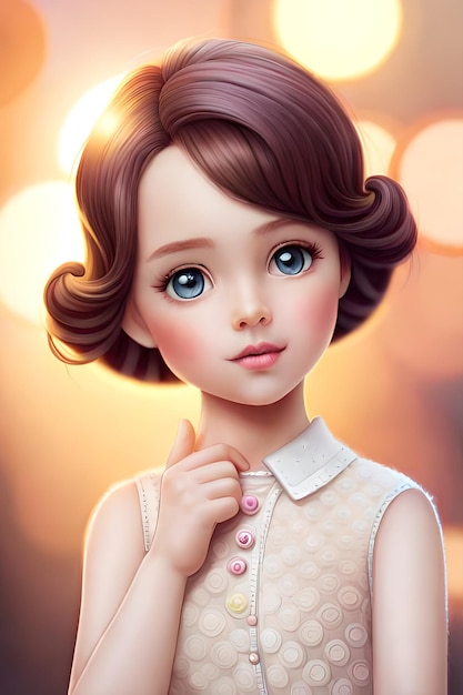 A cartoon character with big eyes and a white dress with pink eyes.