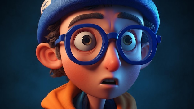 A cartoon character with big glasses and a blue hat with the word ice on it