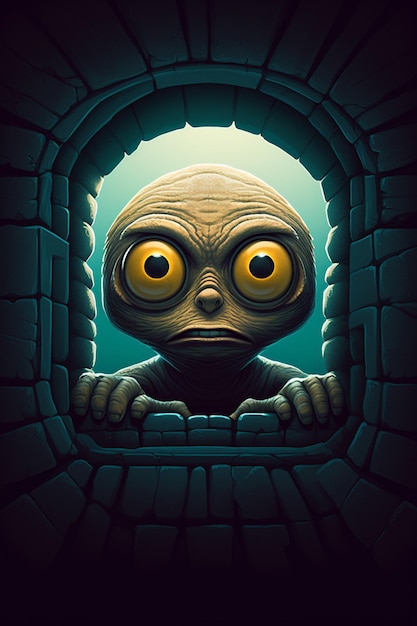 Мультяшный персонаж с большими желтыми глазами выглядывает из темного туннеля.