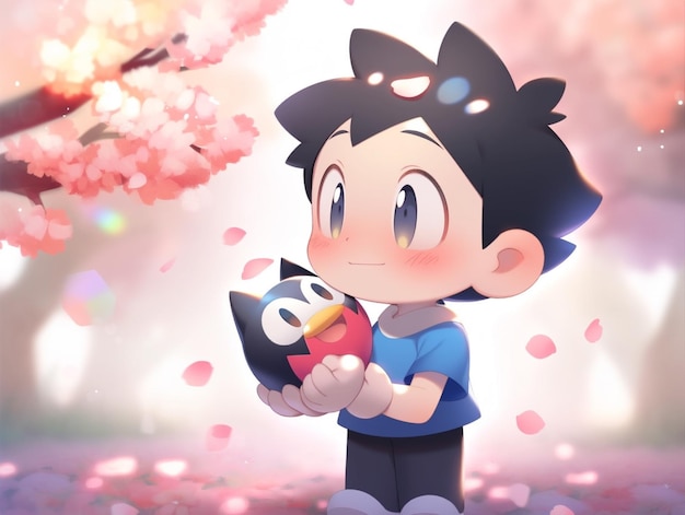 A cartoon character with a bird on his shoulder and a pink flower in the background.