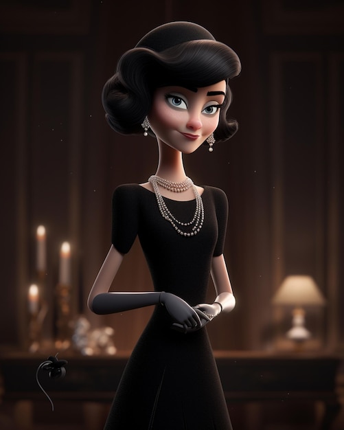 A cartoon character with a black dress and silver necklace.