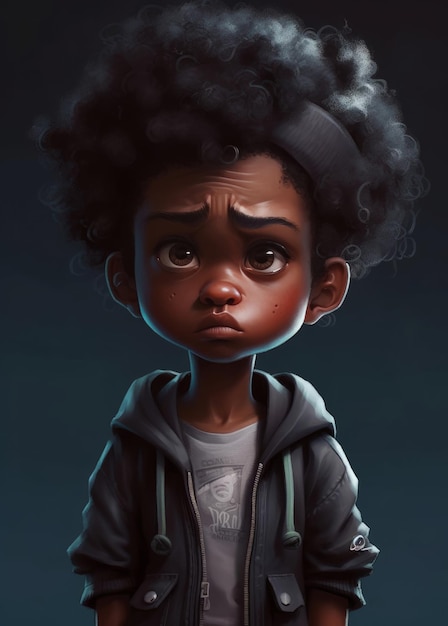 A cartoon character with a black jacket and curly hair