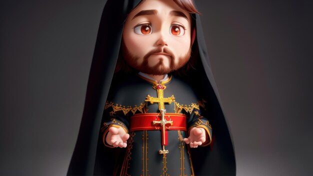 A cartoon character with a black robe and a cross on his head