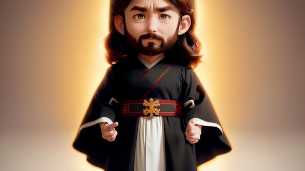 A cartoon character with a black robe that says'jesus'on it