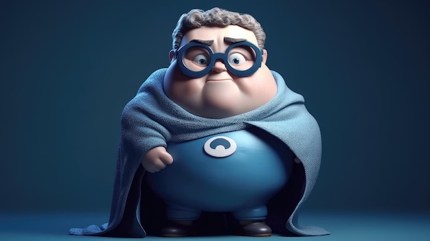 A cartoon character with a blue cape and a g on his cape