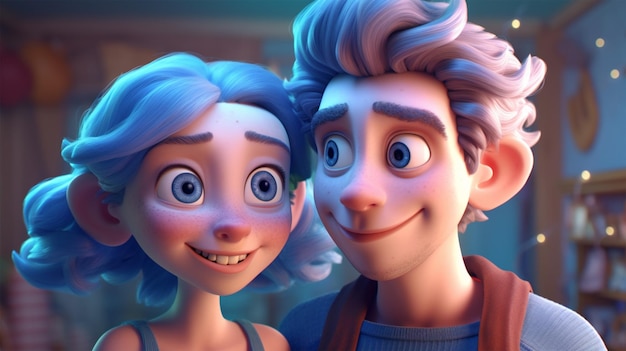 A cartoon character with blue eyes and a girl in a blue top and a pink top.